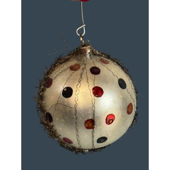 No Brand Other - Vintage Germany Wire Wrapped Frosted White Glass Confetti Dot Ornament 2 1/2"